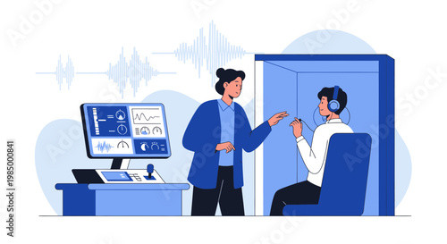 Audiologist performs hearing test on patient in soundproof booth with audiometer and sound waves