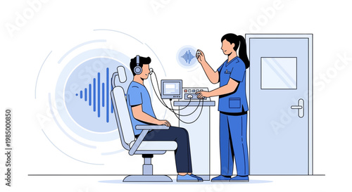 Audiologist performs hearing test on patient with headphones in clinic, ear health check