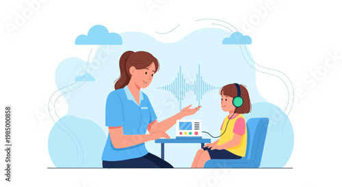 Audiologist tests child's hearing with headphones and audiometer, sound wave visualization