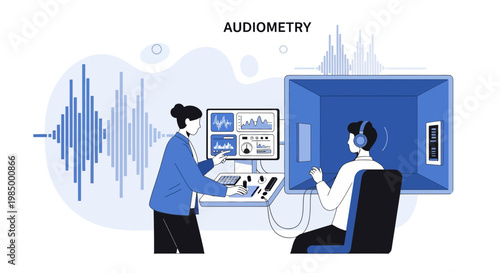 Audiometry Test: Doctor Checks Patient's Hearing with Modern Equipment and Sound Waves