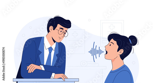 Business meeting: man in suit listens to woman speaking with sound waves illustration
