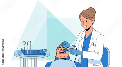Dentist performing dental examination on patient with modern equipment in clinic