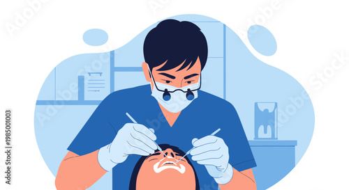 Dentist performing dental examination with tools on patient in clinic