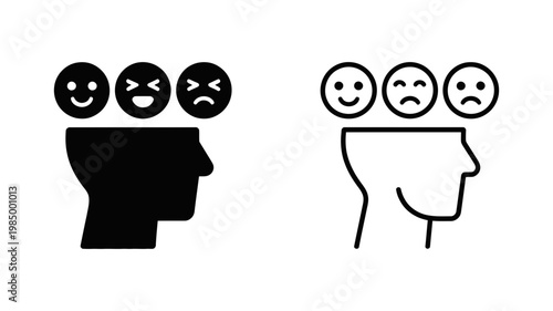 Customer feedback vector illustration showcasing a head profile with emoticons indicating satisfaction levels from happy to sad