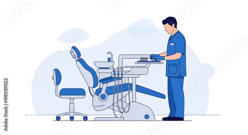 Dentist preparing dental chair and tools for patient examination and treatment