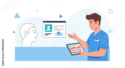 Dentist showing patient dental braces on tablet, online consultation concept