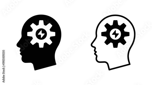 Human head silhouette with a gear and lightning bolt inside representing thought process mechanical thinking or innovation concept
