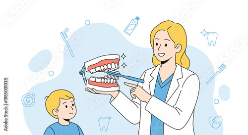 Dentist teaching child dental hygiene with teeth model and toothbrush