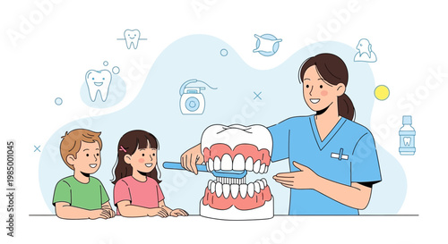 Dentist teaching children about dental hygiene with a large teeth model