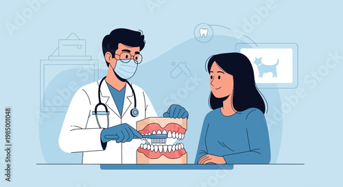 Dentist showing patient how to brush teeth on dental model, dental care concept