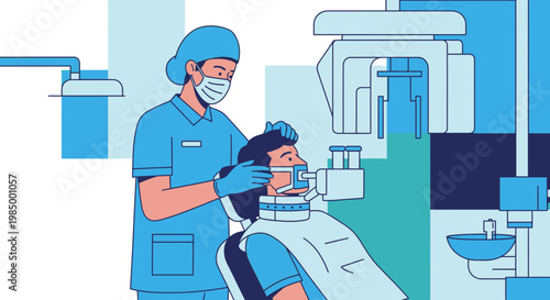 Dentist with patient undergoing dental x-ray in modern clinic, healthcare concept