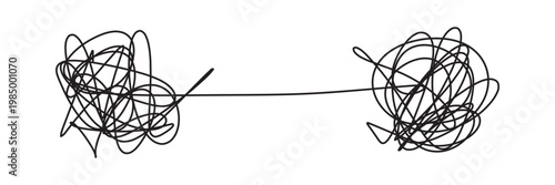 Tangled scribble lines transitioning from chaos to straight arrow. Concept of problem solving, simple solution, untangling process, and efficient business strategy development in eps 10.