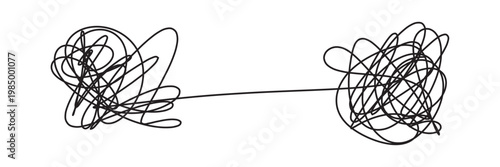 Tangled scribble lines transitioning from chaos to straight arrow. Concept of problem solving, simple solution, untangling process, and efficient business strategy development in eps 10.