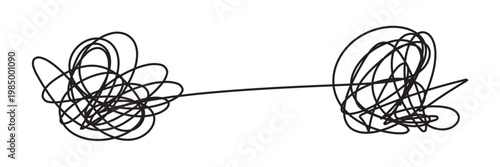 Tangled scribble lines transitioning from chaos to straight arrow. Concept of problem solving, simple solution, untangling process, and efficient business strategy development in eps 10.