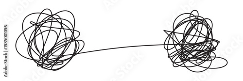 Tangled scribble lines transitioning from chaos to straight arrow. Concept of problem solving, simple solution, untangling process, and efficient business strategy development in eps 10.