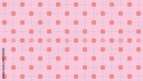 Pinkish red squares in a repetitive grid on a light pink background with dotted lines and a textured row