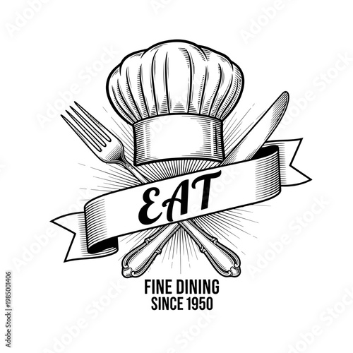 Vintage Chef Hat Crossed Utensils Eat Fine Dining Emblem.