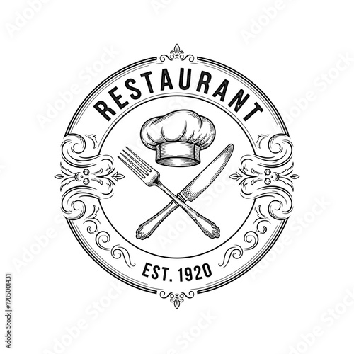 Vintage Restaurant Emblem with Chef Hat and Cutlery.