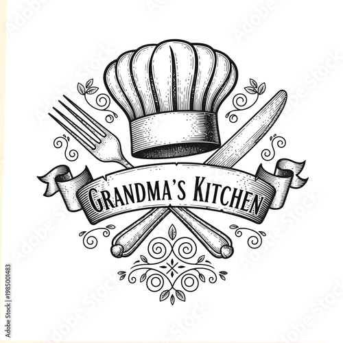 Grandmas Kitchen Vintage Logo with Chef Hat and Utensils.