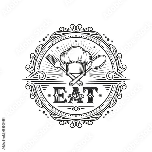 Vintage Eat Sign with Chef Hat and Utensils.