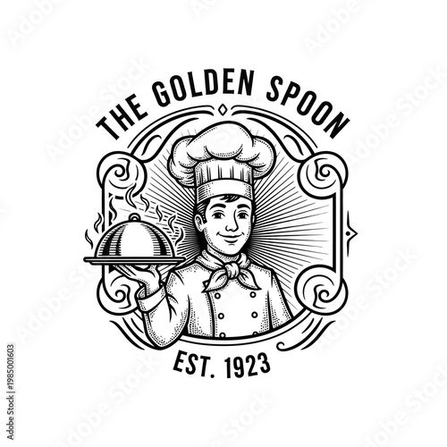 Vintage Chef Holding Serving Platter with Cloche.