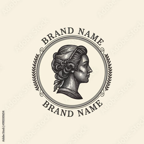 Elegant Vintage Woman Profile Emblem Logo.