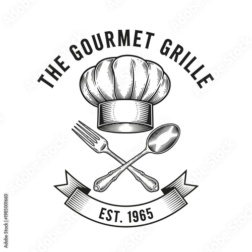 The Gourmet Grille Restaurant Logo with Chef Hat and Utensils.