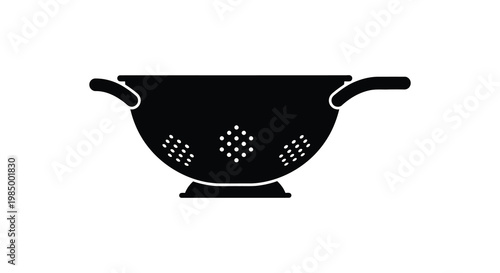A simple black silhouette of a kitchen colander with two handles