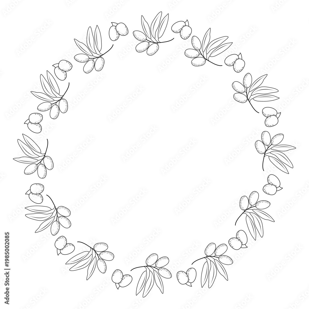 Fototapeta premium Ornate olive branch wreath in black and white engraving style. Vector botanical frame for vintage branding, wine labels, and classic stationery design.