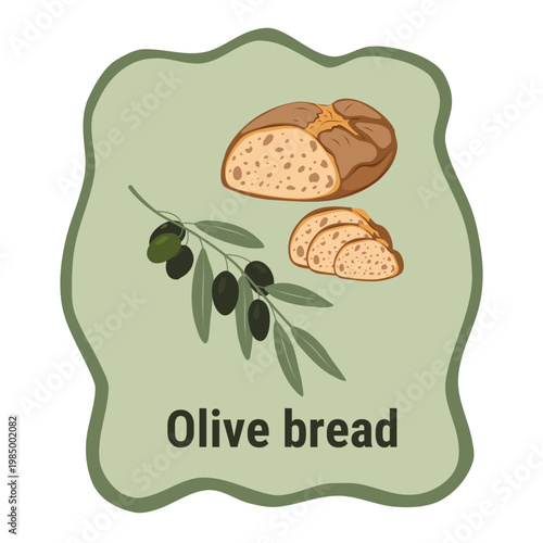 Decorative label for olive bread with illustration of loaf and olive branch. Vector sticker design for bakery packaging and Mediterranean food branding.