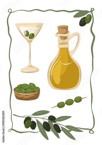 Vertical poster with olive oil bottle, martini glass, and olives. Mediterranean style vector illustration for bar menu, kitchen decor, and restaurant wall art.