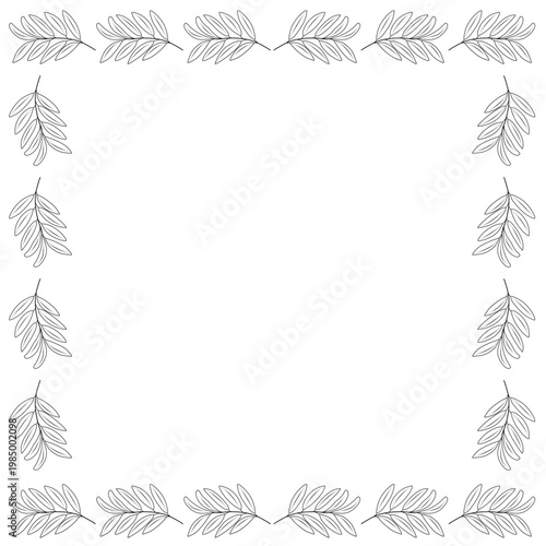 Square olive branch border in black and white line art. Minimalist vector floral frame for elegant branding, wedding stationery, and craft packaging.
