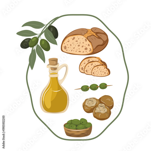 Mediterranean food set with olive oil, fresh bread slices, and olives in a bowl. Vector illustration for bakery menu, kitchen wall art, and grocery branding.
