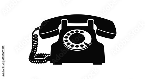 A classic rotary telephone is depicted in a stark black outline silhouette