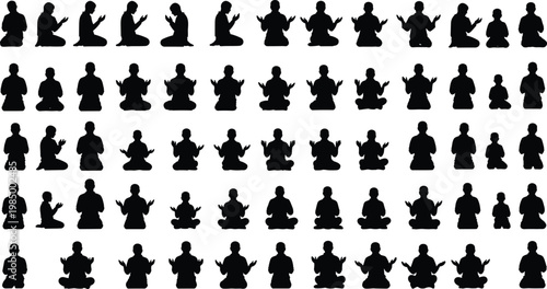 Set of Silhouette Muslim Men and Boys Sitting in Prayer and Supplication Position Isolated on White Background for Islamic Concepts