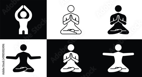 Yoga Pose Icons Set, Zen Meditation Silhouette and Outline Symbols, Mindfulness Exercise Graphics, Spiritual Wellness Vector Illustrations for Health and Spa