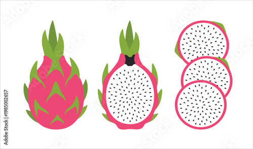 Fresh dragon fruit collection with whole and sliced pieces on white background