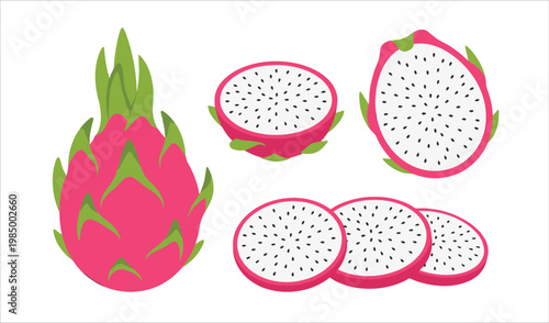 Fresh dragon fruit set with whole half and sliced pieces on white background