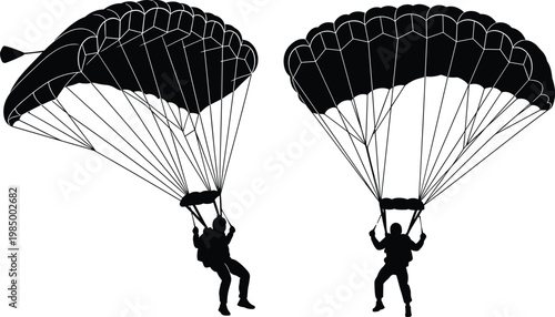 Parachutist Silhouette Vector Set Featuring Skydivers In Mid Air With Open Parachutes For Extreme Sports Aviation Adventure Skydiving Clubs And Outdoor Activity Graphic Designs