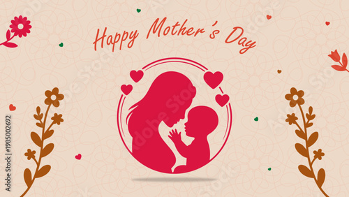 Happy Mother's Day Greeting Card with Mother and Child Silhouette, Boho Floral Motherhood Illustration with Hearts and Botanical Elements, Minimalist Pink Silhouette of Mom and Baby for Mother's Day P