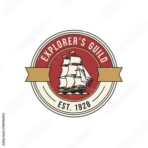 Vintage Explorers Guild Emblem with Sailing Ship.