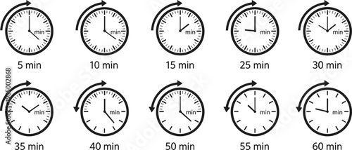 Set of Circular Clock Timer Icons Featuring Minute Intervals from Five to Sixty Minutes with Arrow Indicators for Productivity Management Cooking Schedules and Fitness Workout Graphic Designs