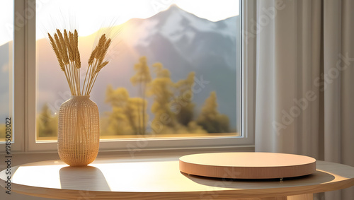 A serene window view features golden wheat stalks in a vase mountains and light