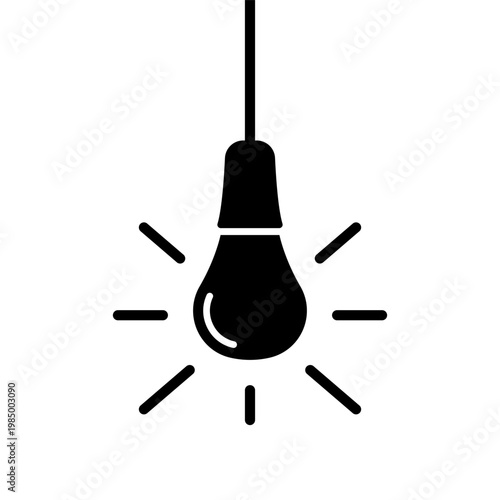 Hanging glowing light bulb icon. Black silhouette. Vertical front and side views. Vector simple flat graphic illustration. Isolated object on a white background.