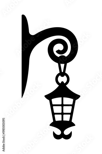 Old hanging wall lantern icon. Black silhouette. Front and side view. Vector simple flat graphic illustration. Isolated object on a white background.