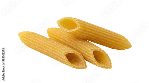Photos Three whole wheat penne pasta tubes with ridges, isolated on transparent backgro