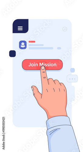 Hand clicking join mission button.