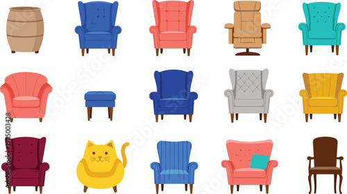 Comfortable Armchairs and Sofas Vector Set Featuring Diverse Furniture Styles Colorful Upholstered Chairs and Home Interior Seating Isolated on White Background