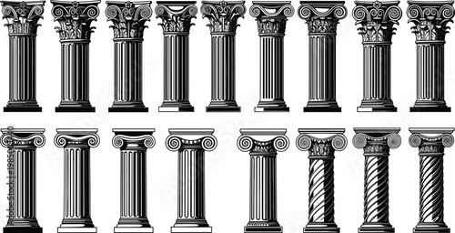 Set of Ancient Greek and Roman Column Icons Featuring Detailed Corinthian and Ionic Pillar Capital Designs for Architecture History Classical Education and Luxury Property Graphic Projects
