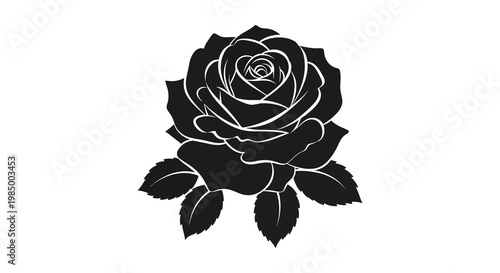Detailed black rose illustration with intricate petals and a striking silhouette